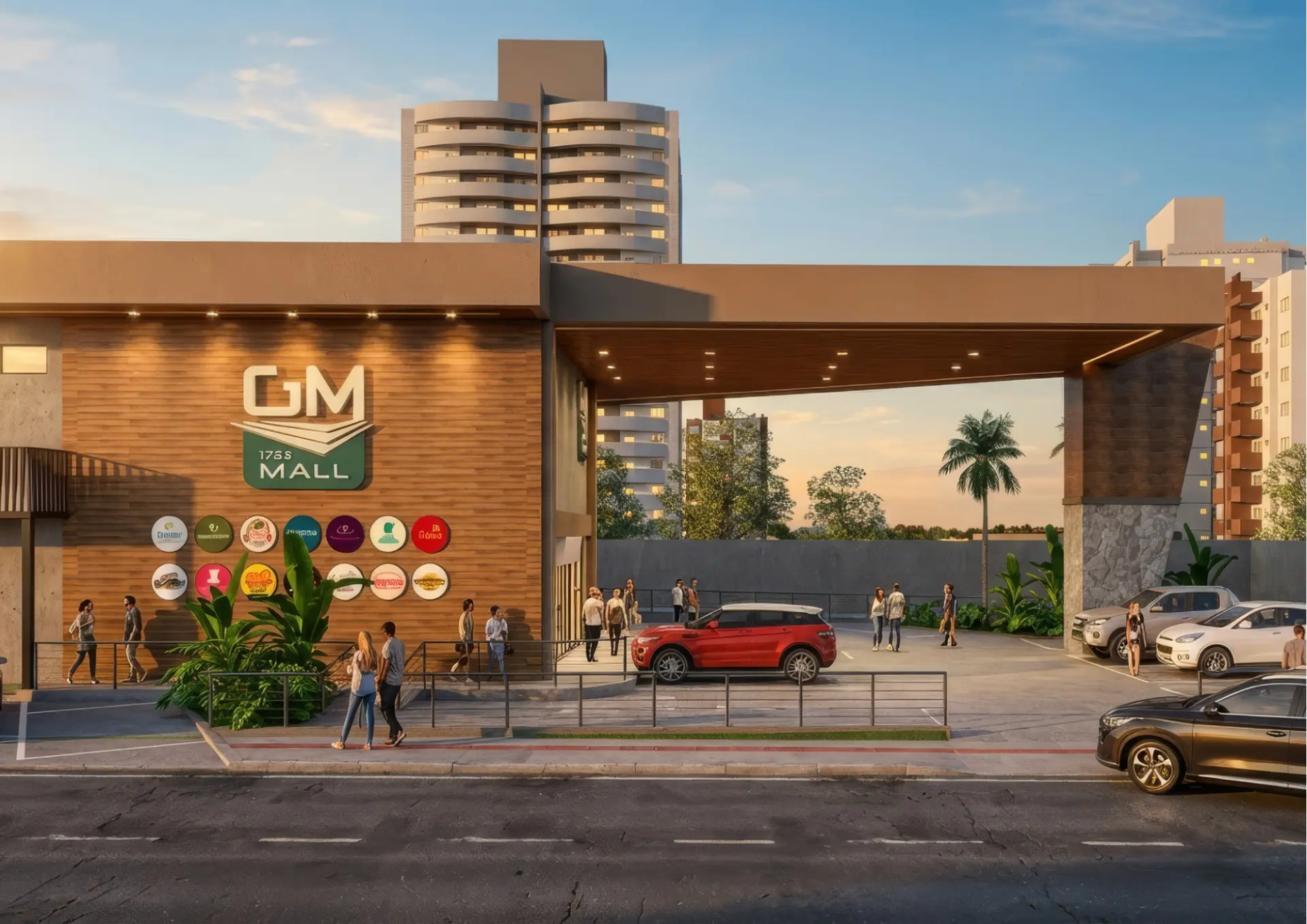 Fachada frontal do GM Mall em madeira e concreto com totem de logotipos das lojas
